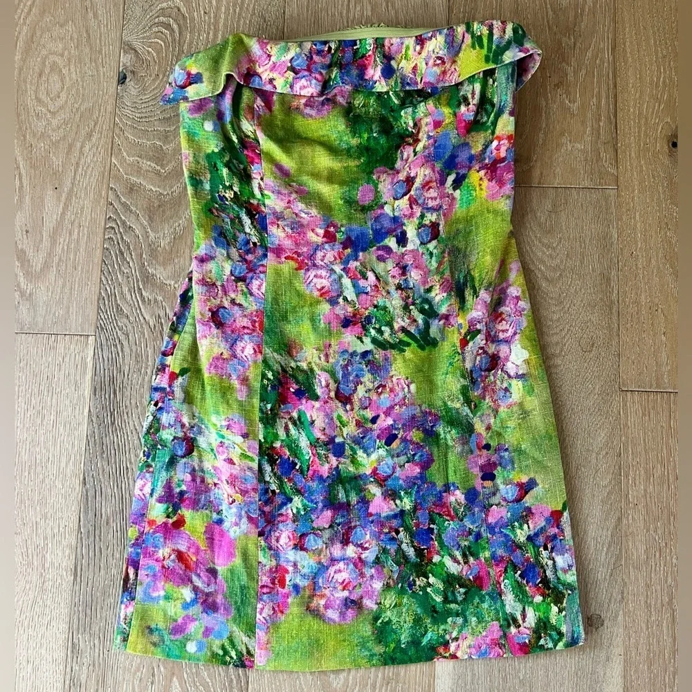 MOTF Linen Floral Print Shirred Back Strapless Mini Dress Large - Picture 3 of 12